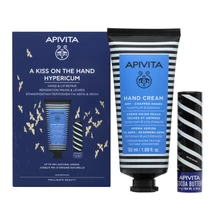 Apivita kézkrém+ ajakápoló ajándékcsomag: Kézkrém Száraz / igénybe vett bőrre, orbáncfűvel és méhviaszzal 50 ml +ajakápoló stift kakaóvajjal, SPF20 fényvédelemmel 4,4 g