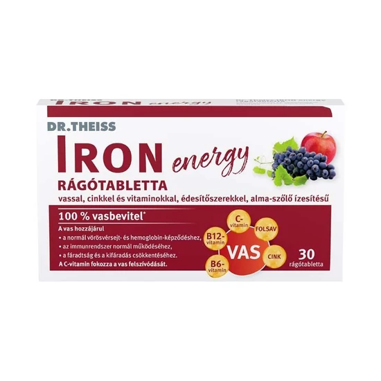 Dr. Theiss IRON energy rágótabletta vassal, cinkkel és vitaminokkal, édesítőszerrel alma - szőlő  30x