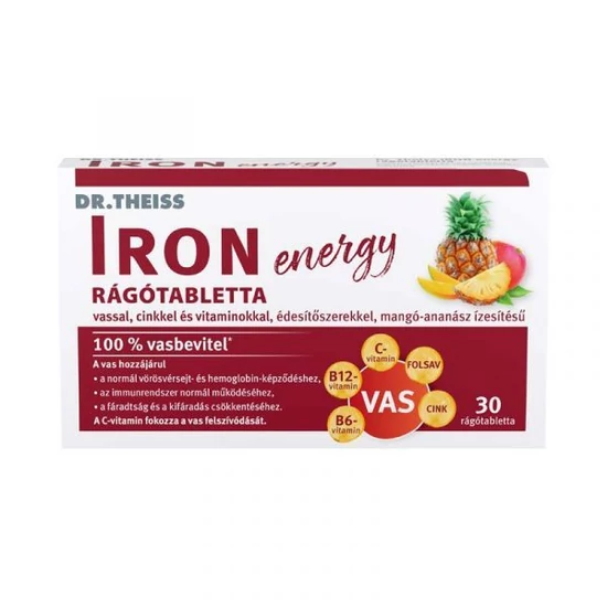 Dr. Theiss IRON energy rágótabletta vassal, cinkkel és vitaminokkal, édesítőszerrel mangó- ananász   30x