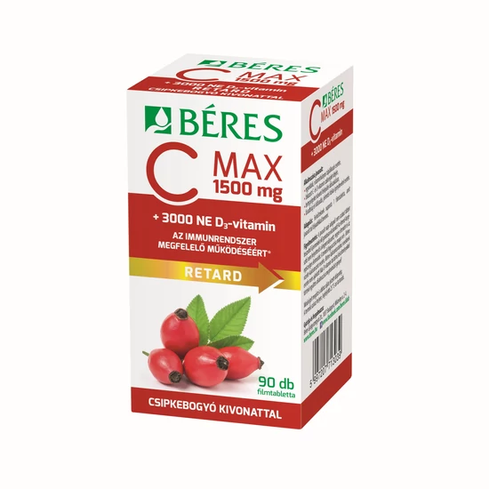 Béres C MAX 1500 mg RETARD filmtabletta csipkebogyó kivonattal + 3000 NE D3-vitamin 90x