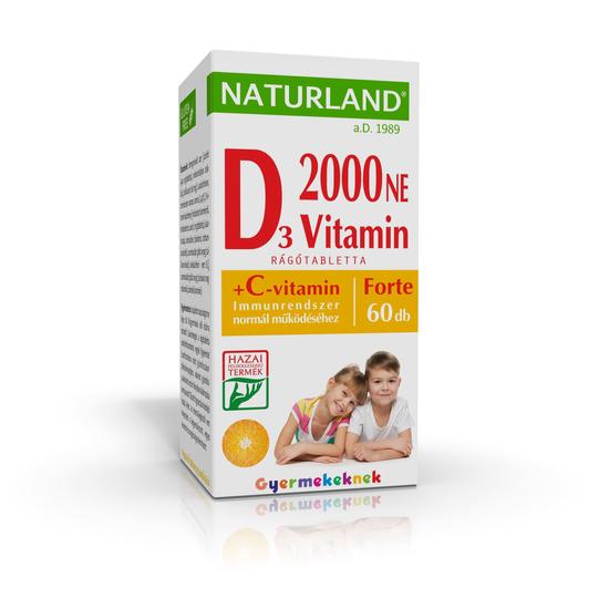 Naturland Prémium D3-vitamin forte rágótabletta gyermekeknek C-vitaminnal 60x