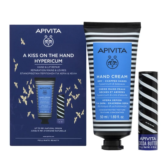 Apivita kézkrém+ ajakápoló ajándékcsomag: Kézkrém Száraz / igénybe vett bőrre, orbáncfűvel és méhviaszzal 50 ml +ajakápoló stift kakaóvajjal, SPF20 fényvédelemmel 4,4 g