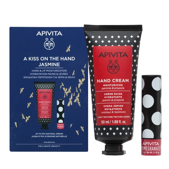 Apivita kézkrém+ ajakápoló ajándékcsomag: hidratáló kézkrém jázminnal és propolisszal 50ml +színezett ajakápoló stift gránátalmával 4.4g